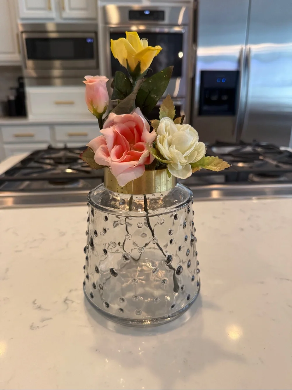 Faux Rose Floral Arrangement Textured Glass Vase Gold Rim Cottage Decor